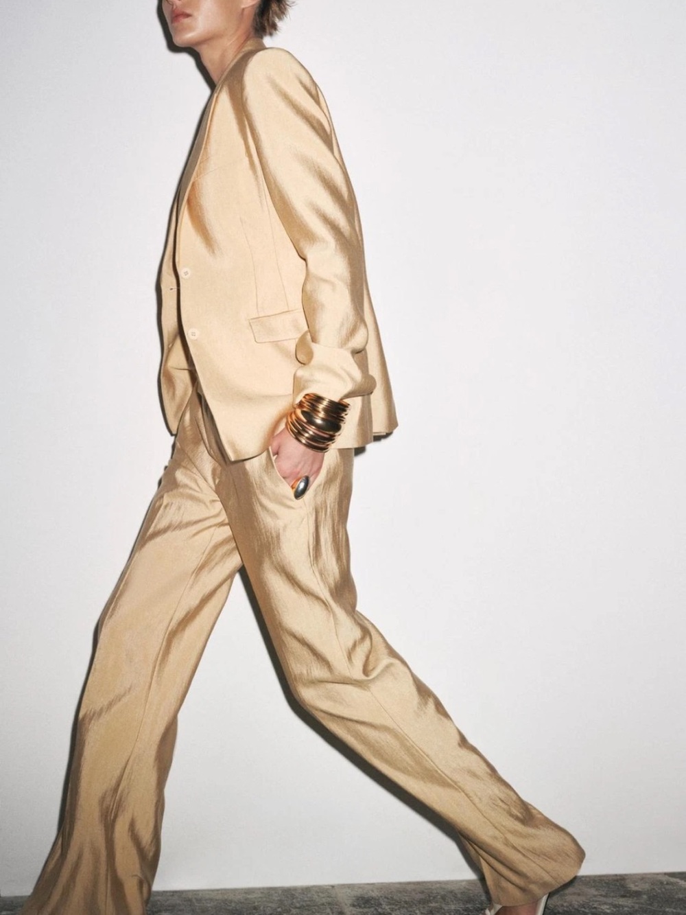 Zara NWT 2 piece SET ZW collection Gold cinch waist structured blazer & pants - Picture 5 of 15